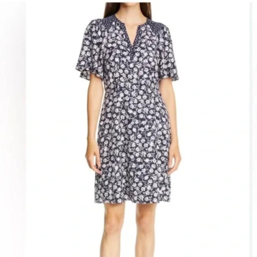 Rebecca Taylor Navy Blue Pink Floral silk Dress Size 8